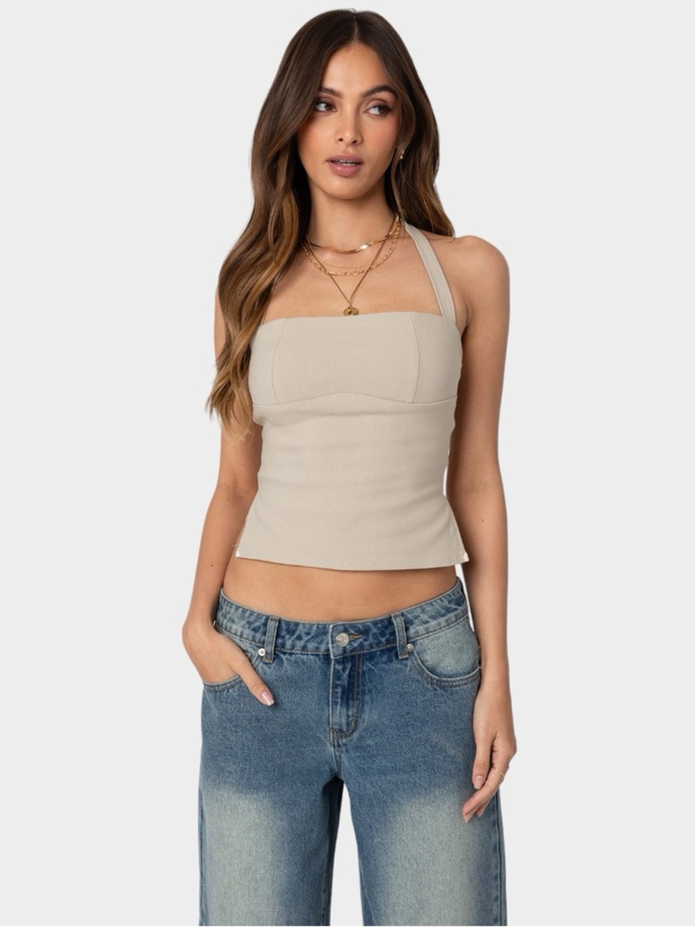 Edikted Dara Halter Top in Tan/Linen- Medium